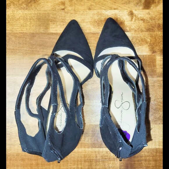 USED Jessica Simpson Pamira Black Caged Stiletto Suede Pump Strappy Heels US 8.5 - Picture 11 of 15